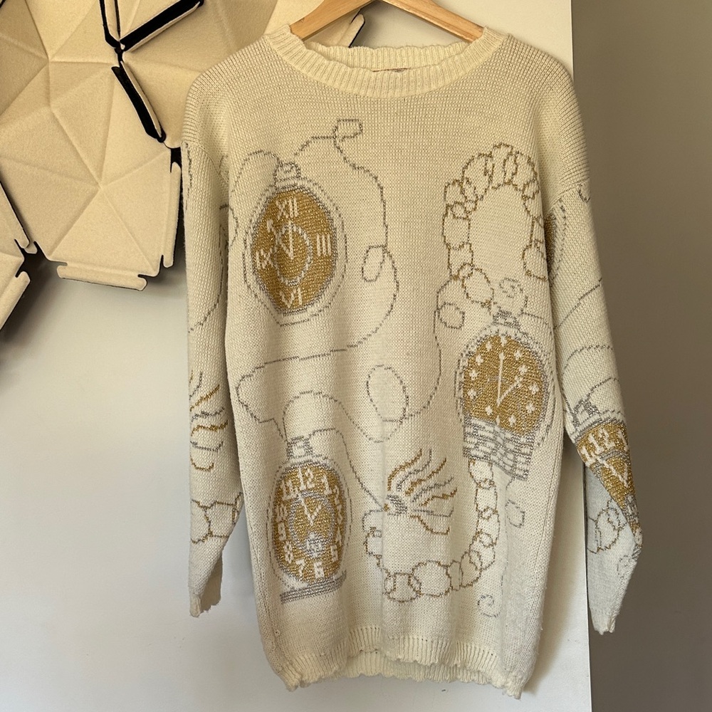 Vintage glamour knit time clock sweater gold metallic stop watch medium